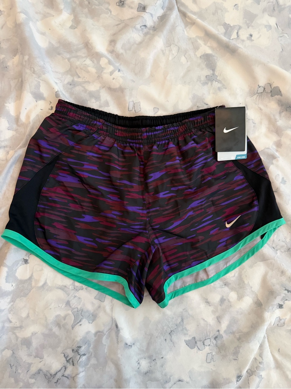 Nike Women’s Dri-Fit Purple & Teal Running Shorts with Camo Print - XS